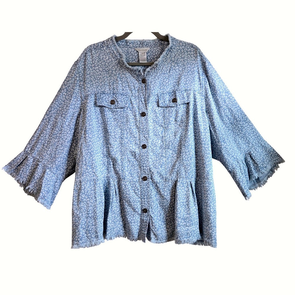 Multiples Womens 3X Blue Leopard Print Lyocell Frayed Peplum Button Down Shacket